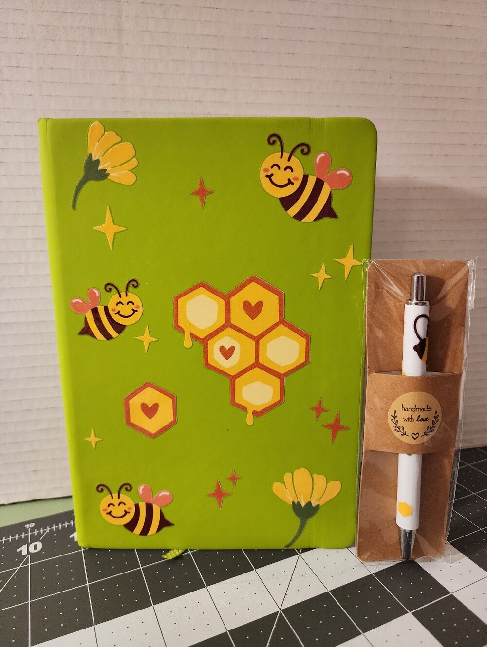 Bee & Honeycomb Green Notebook with Pen